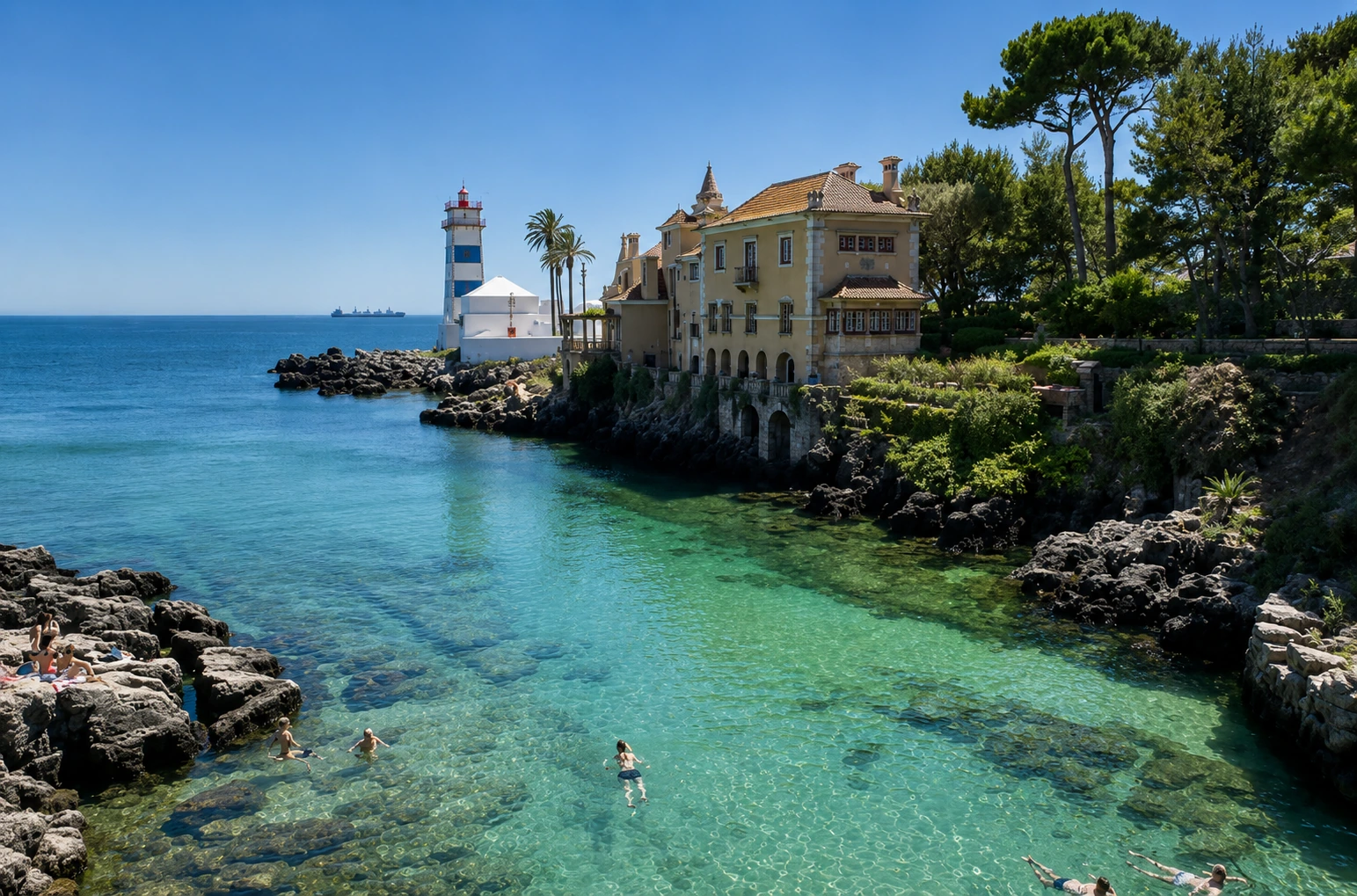 Casa apalaçada junto ao mar, Farol de Santa Marta ao fundo, Cascais