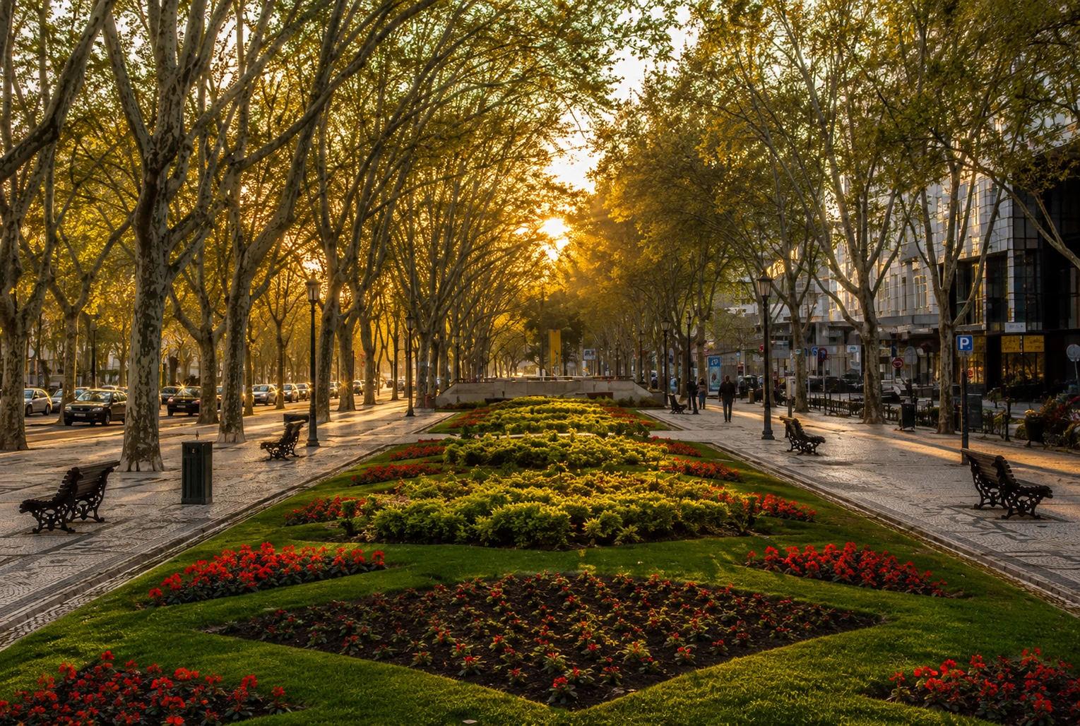 Avenida arborizada em Lisboa, luz de fim de tarde