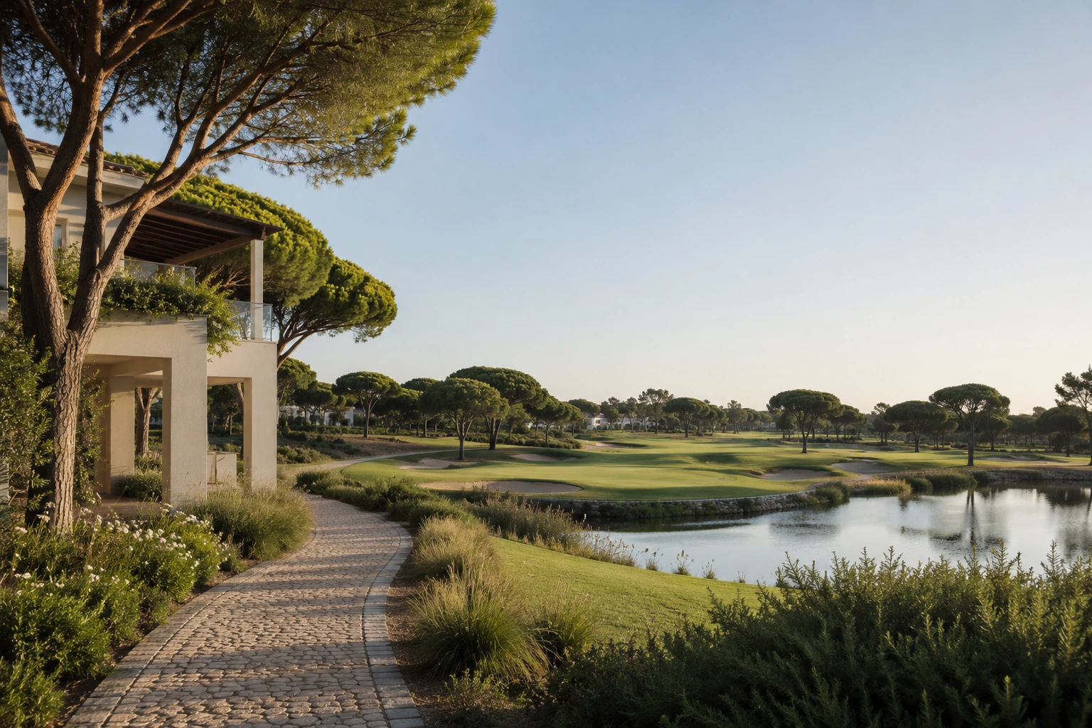 Caminho entre pinheiros mansos, campo de golfe e lago, luz de fim de tarde, Quinta do Lago