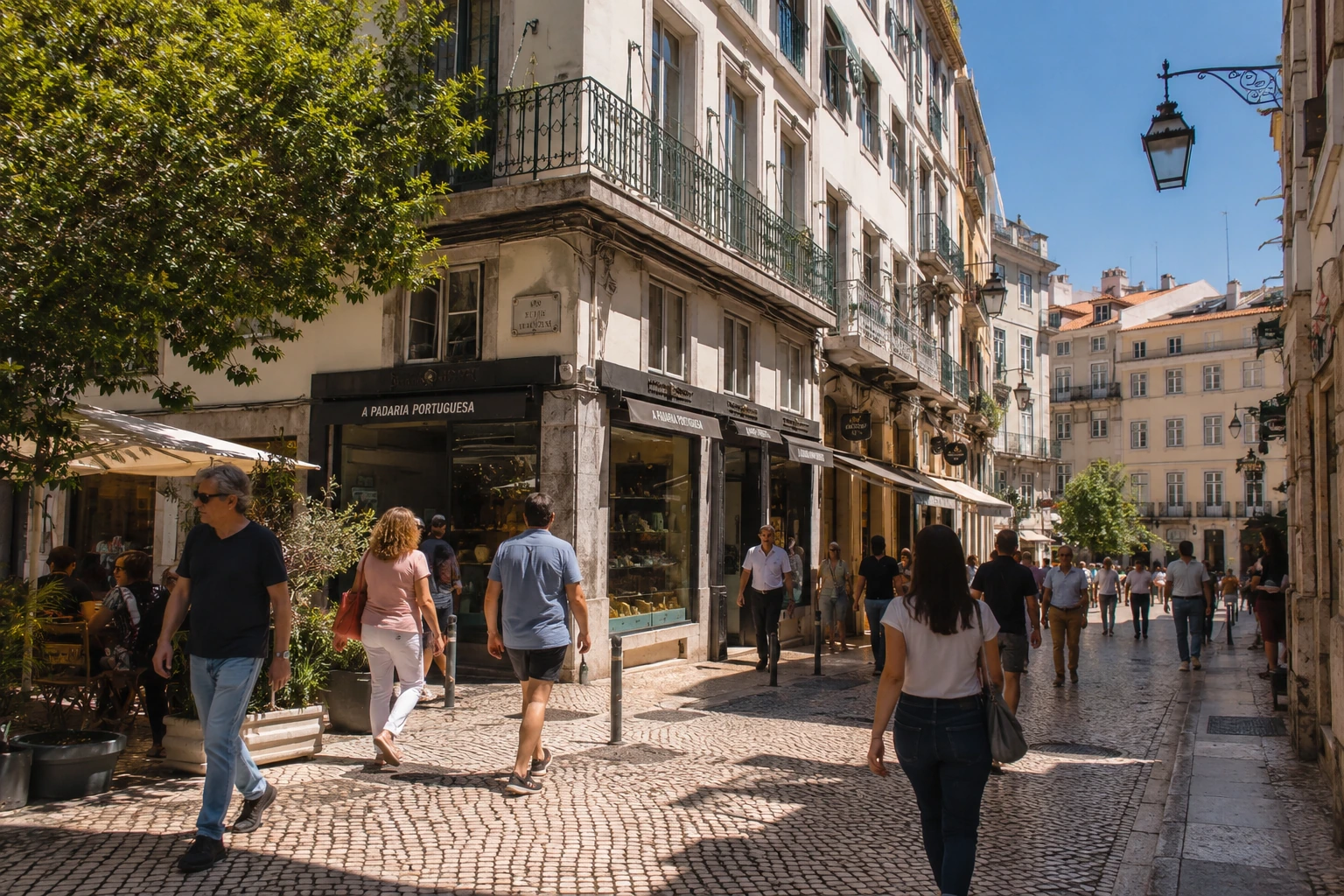 Rua pedonal em Lisboa, gente a caminhar, luz de tarde