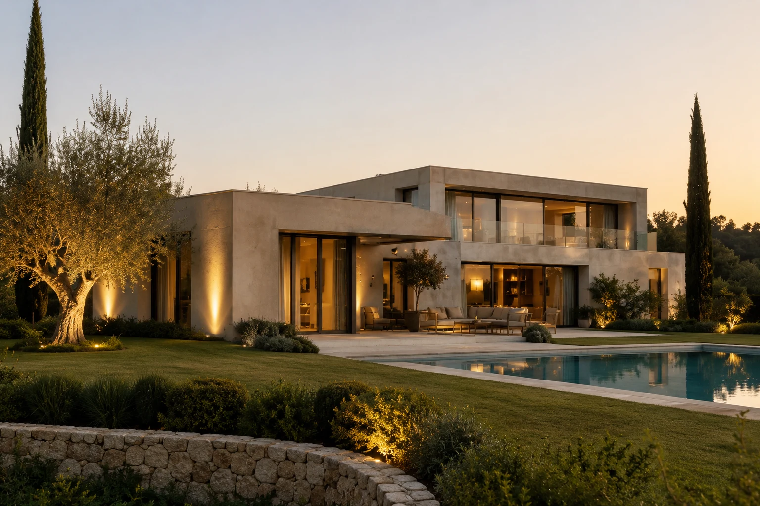 Villa contemporânea ao entardecer, jardim com piscina e oliveira, luz dourada