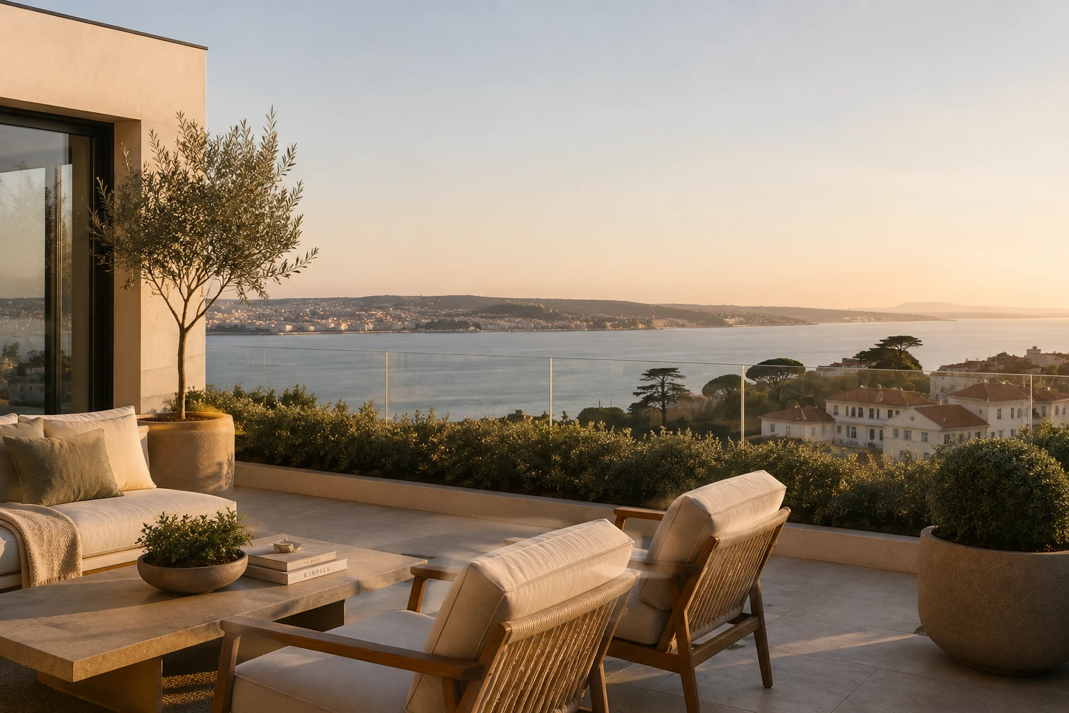 Terraço contemporâneo com vista para o rio, luz dourada, ambiente sereno